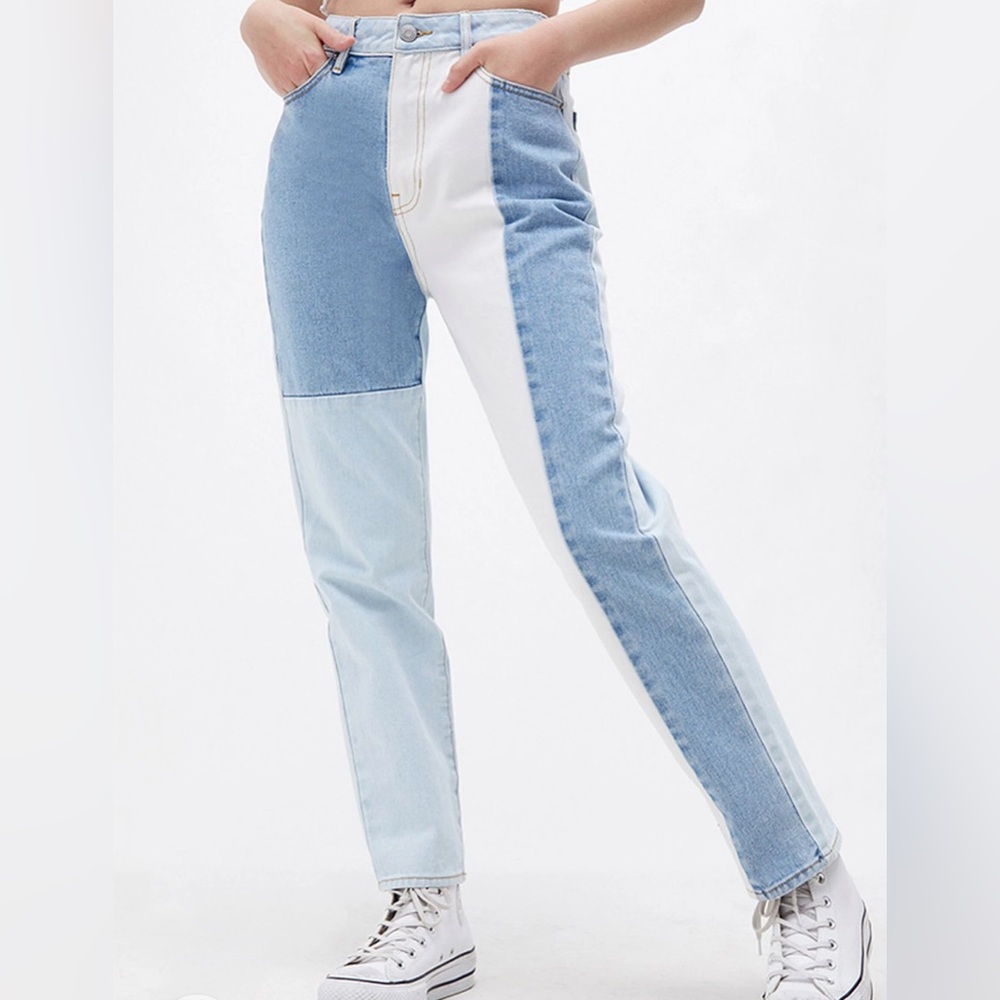 Pacsun Eco Hopper Blue White Mom Straight Leg Patchwork Jeans